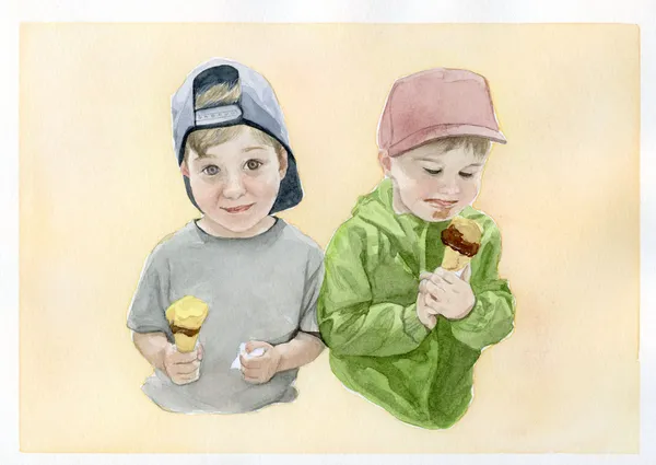 Watercolour portrait of boys with ice cream