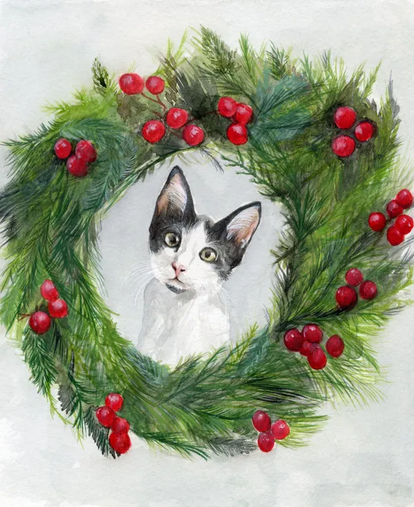 Watercolour portrait of a cat in a holiday wreath