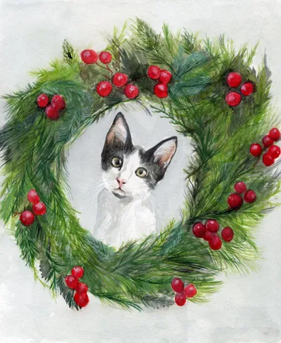 Watercolour portrait of a cat in a holiday wreath
