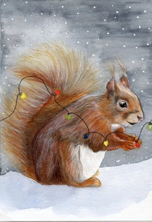 Squirrel in snow with Christmas lights